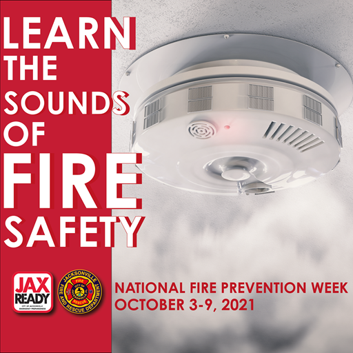 Image of a smoke alarm with the words "Learn the Sounds of Fire Safety"