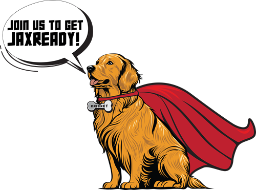 Golden Retriever with SUPERHERO CAPE AND CHAT BUBBLE THAT SAYS JOIN US TO GET JAXREADY!