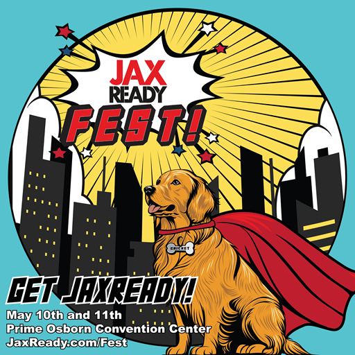 Graphic Featuring dog with cape that says JaxReady Fest  